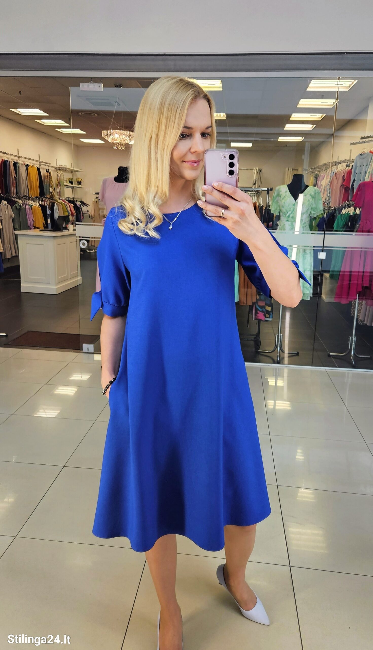 Lino audinio, varpelio formos suknelė, sodrios mėlynos spalvos - Image 2