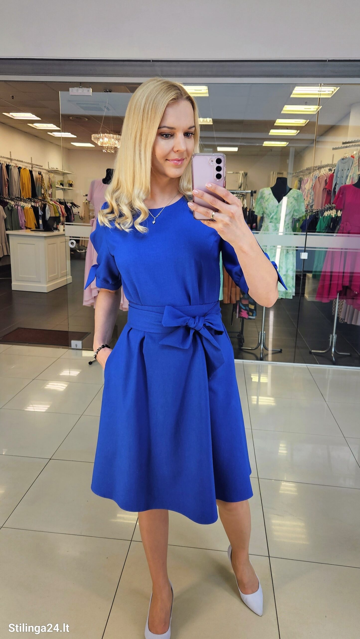 Lino audinio, varpelio formos suknelė, sodrios mėlynos spalvos - Image 3