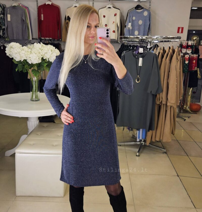 Elegantiška, klasikinė suknelė su liurekso blizgučiu. Mėlynos spalvos