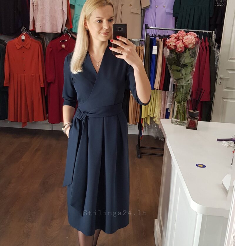 Liemenuota, surišama suknelė, tamsiai mėlynos spalvos, midi ilgio