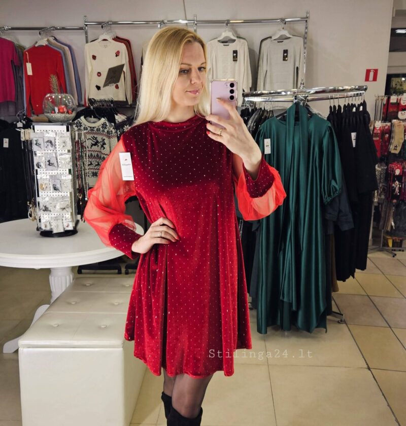 Varpelio formos, barchato suknelė, raudona su blizgučiu, mini ilgio, S/M/L
