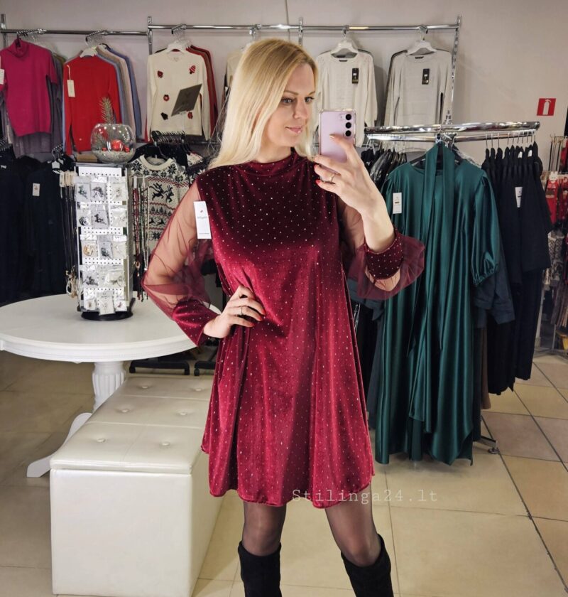 Varpelio formos, barchato suknelė, bordo su blizgučiu, mini ilgio, S/M/L