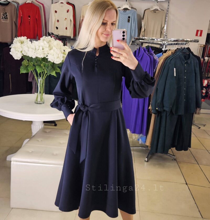 Liemenuota suknelė, su puošniomis rankovėmis, tamsiai mėlynos spalvos, midi ilgis