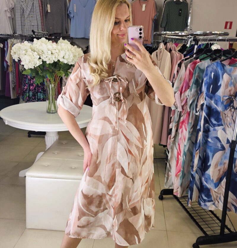 Marga, lino ir medvilnės suknelė. L/XL kreminės spalvos raštas