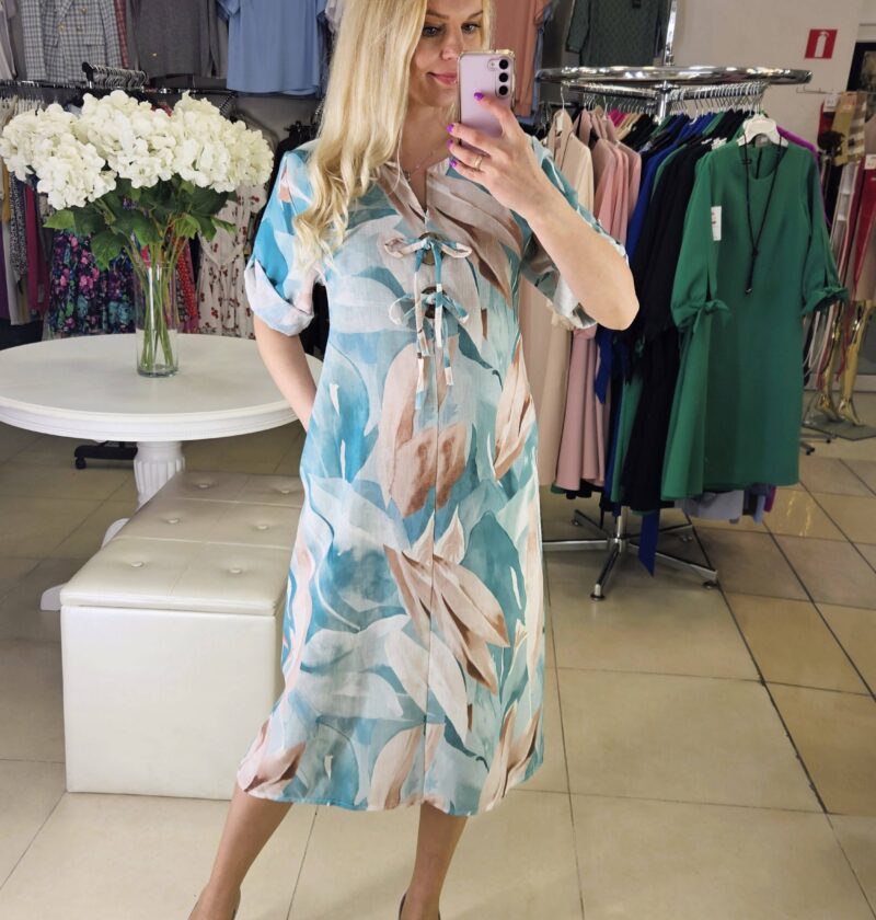 Marga, lino ir medvilnės suknelė. L/XL mėtinės spalvos raštas