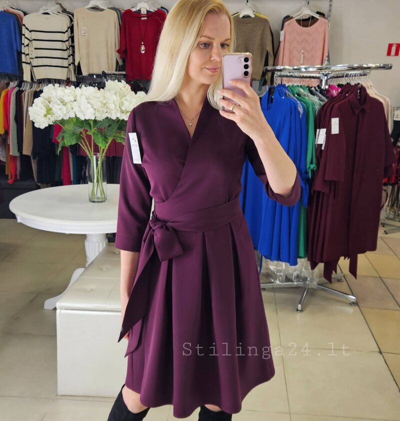 Liemenuota, surišama bordo/slyvos spalvos suknelė, mini ilgio