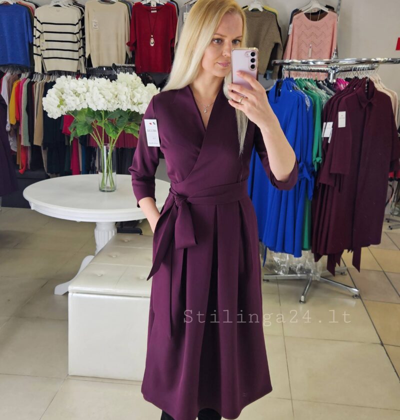 Liemenuota, surišama suknelė, bordo/slyvos spalvos, midi ilgio