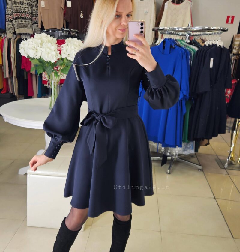 Liemenuota suknelė su puošniomis rankovėmis, tamsiai mėlynos spalvos