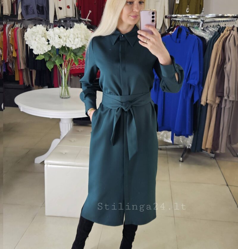 Marškinių stiliaus suknelė, ilgomis rankovėmis, midi ilgio, žalios spalvos