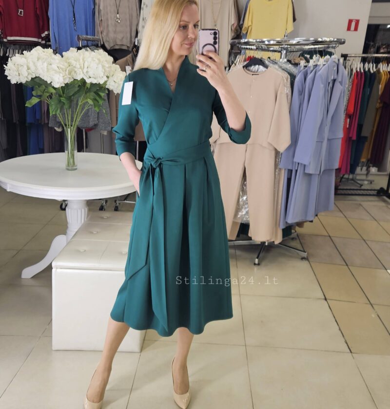 Liemenuota, surišama žalios spalvos suknelė, MIDI ilgio