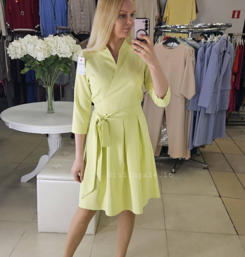 Liemenuota, surišama pastelinės geltonos spalvos suknelė, mini ilgio