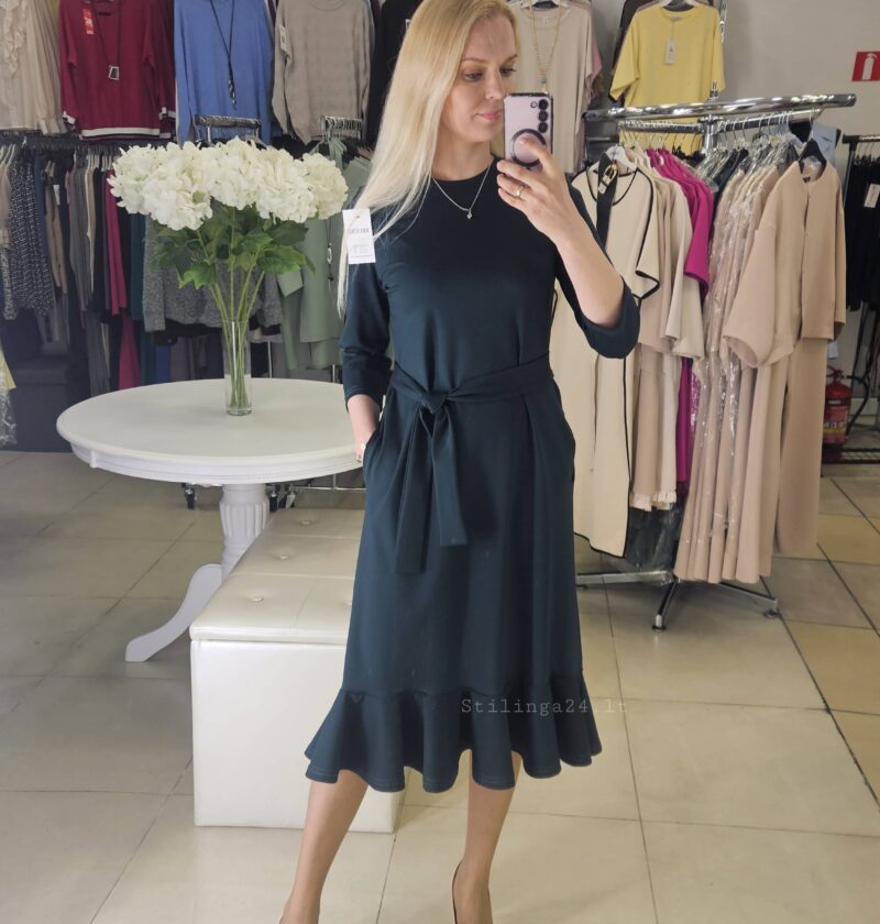 Varpelio formos suknelė su raukinuku apačioje, midi ilgio, žalios spalvos