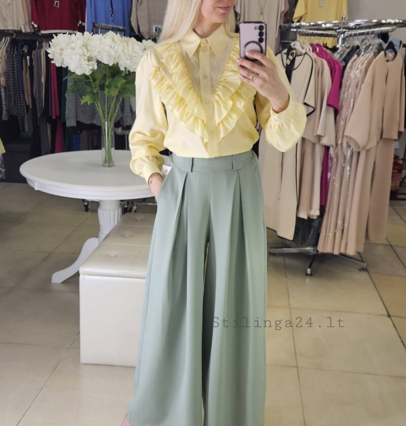 Plataus kliošo, puošnios kelnės–sijonkelnės. Mėtų spalvos