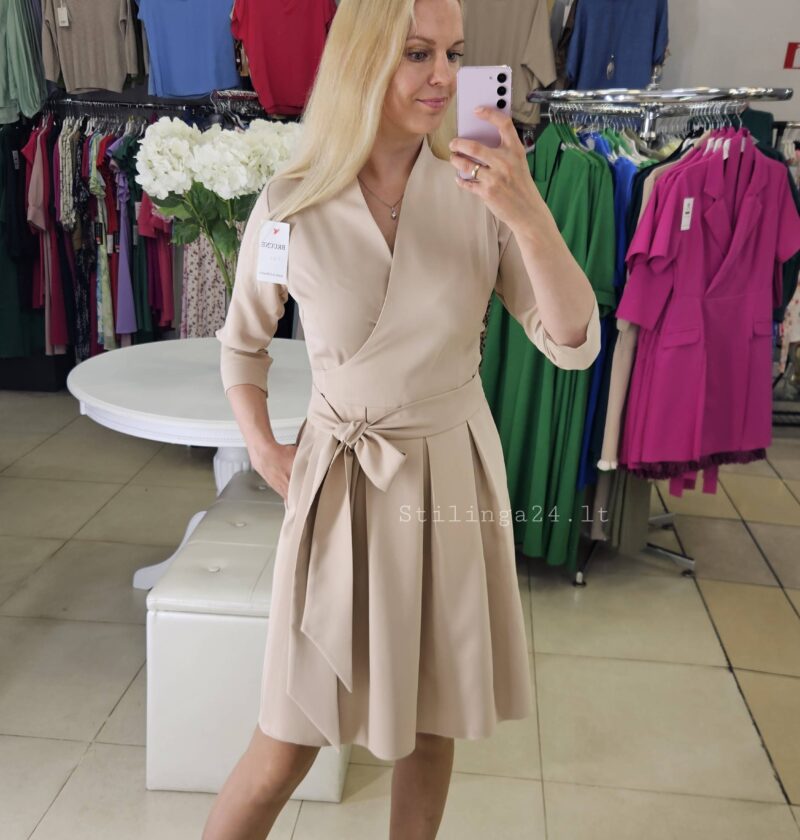 Liemenuota, surišama kreminės spalvos suknelė, mini ilgio