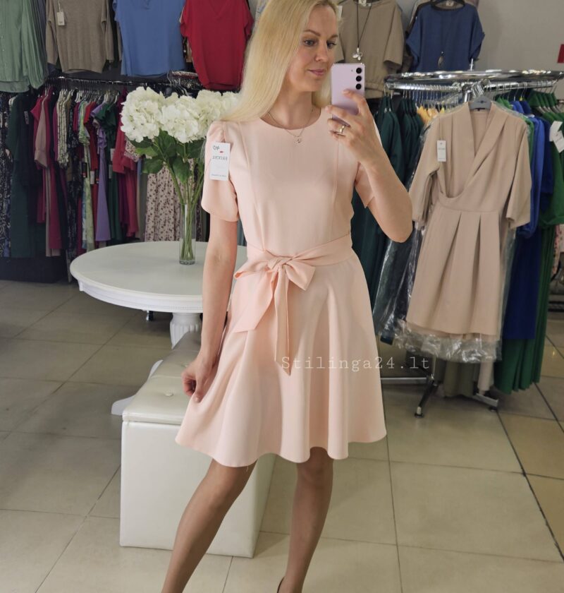 Lino suknelė, puošnios, trumpos rankovės. Rausvos spalvos