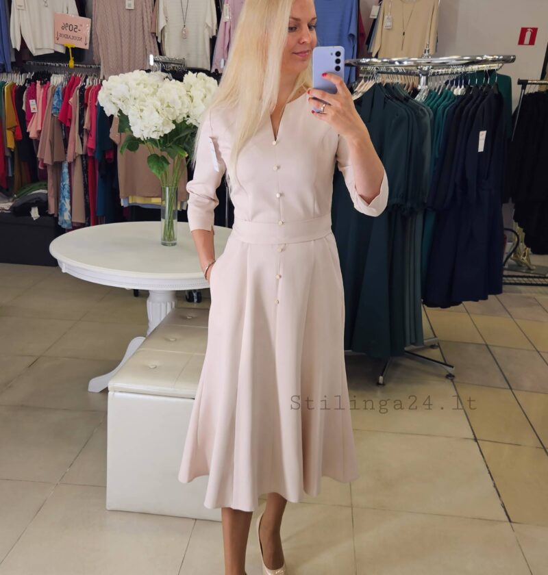 Tiesi suknelė, V formos kaklas, midi ilgio. Kreminė