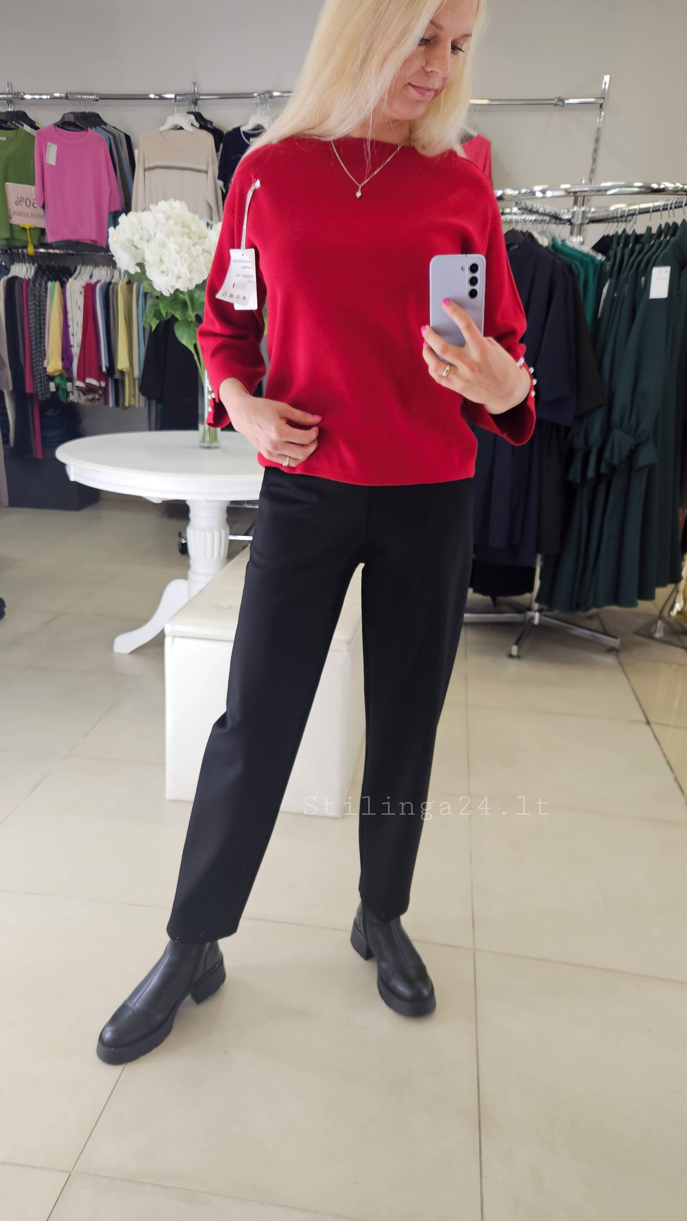 Tvirto trikotažo, juodos kelnės, tiesus modelis - Image 2